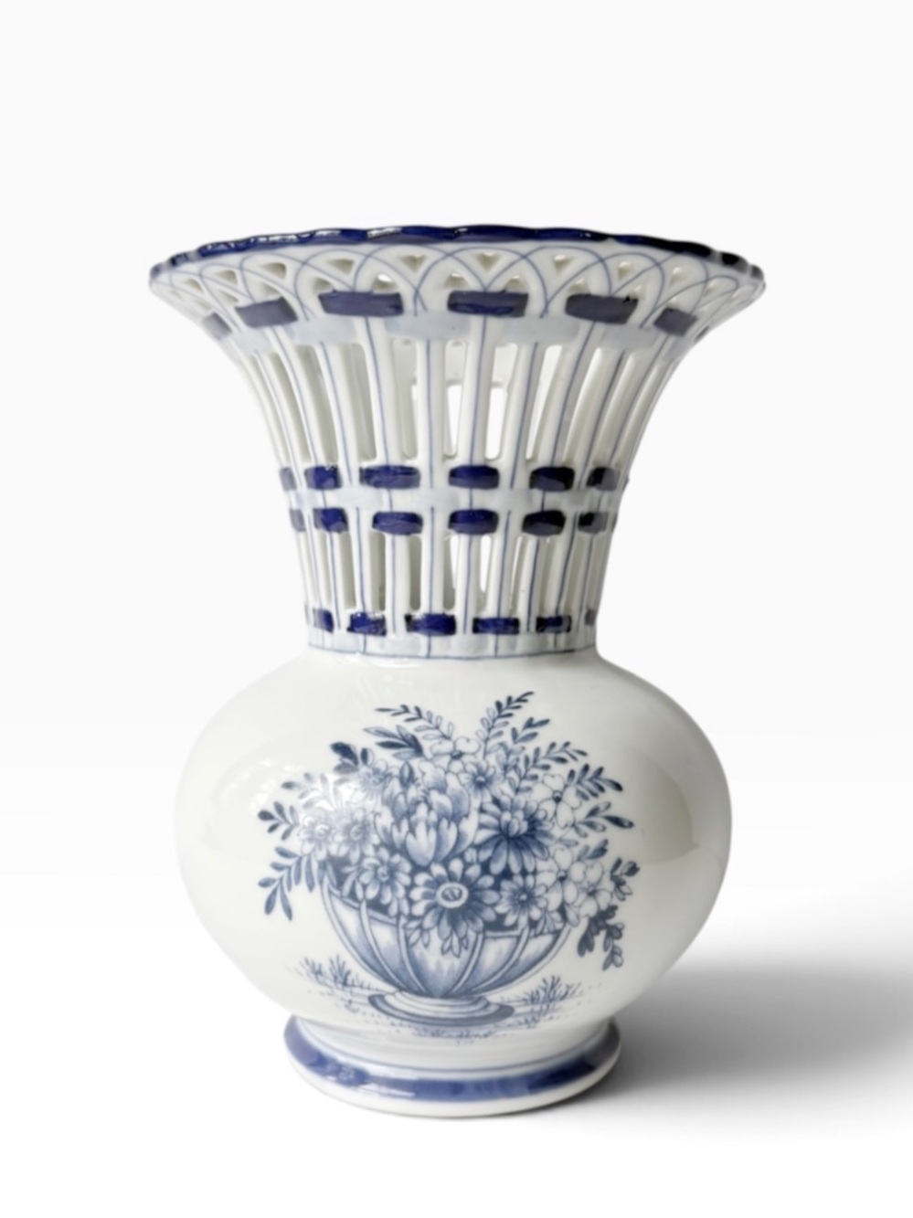 Vintage Victorian Floral Illustrated Blue White Reticulated Porcelain Vase